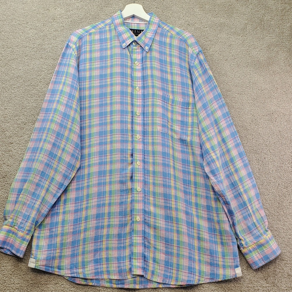 MINE Linen Button Down Shirt Mens Large Multi Plaid Pastel Long Sleeve Nautical